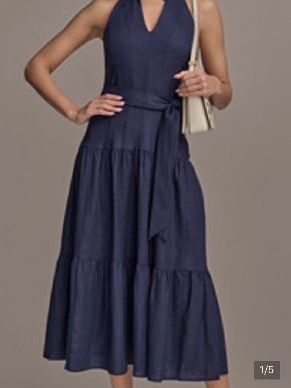 Donna Karan Navy Backless Halter Dress with Waist Tie